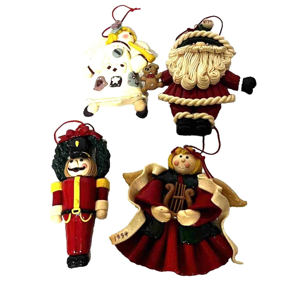 Vintage 90s Clay Christmas Ornaments Lot 1994 Santa Nutcracker Angel Set of 4